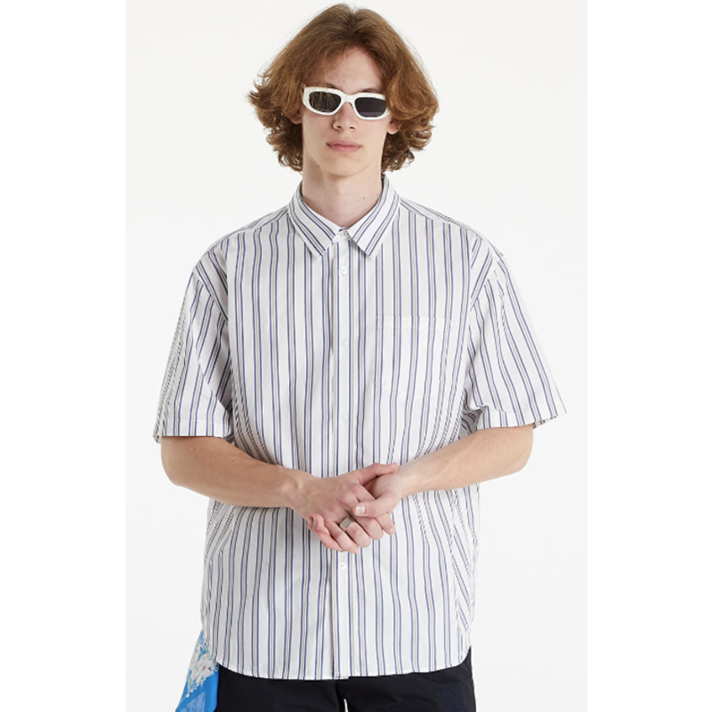 Palmes Men's Short Sleeve Striped Button Down Camp Shirt Blue White Tan Pocket